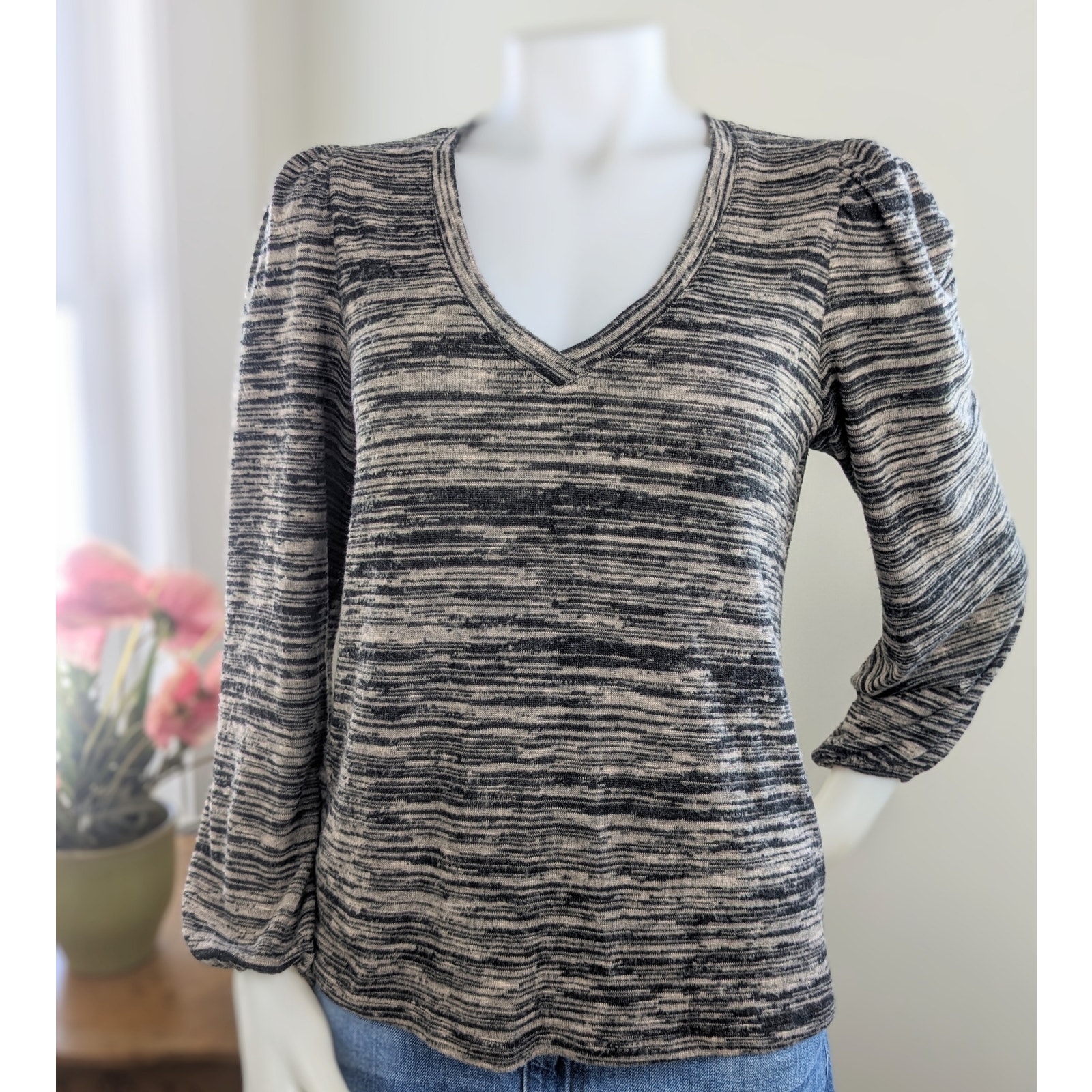 Supply & Demand Fleece Top Xs Brown Black Lightweight Stretch Puff Sleeve New